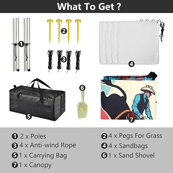 Cartoon American Cowboys Beach Tent Sun Shelter Set UPF50+ UV Protection 10.5 x 9.19 FT Camping Shade Canopy with Sandbags Sand Anchors Carrying Bag and Others