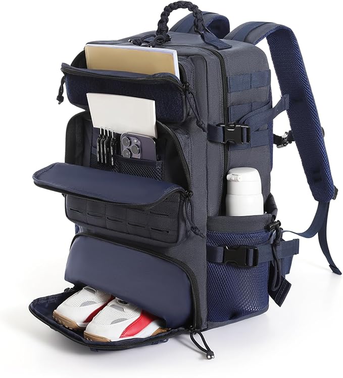 Tactical Backpack for Men Military Backpack with Shoe Compartment Travel Hiking Hunting Gear Bag with Molle System Blue