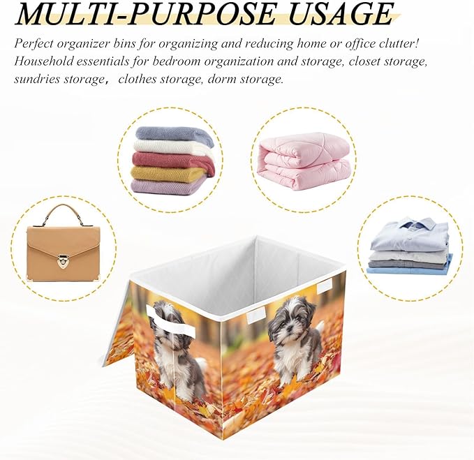 AIXIWAWA Lidded Storage Cube (Fall Puppy) Fabric Foldable Closet Bins with Flip Lid and Handles Organizer Basket Container 16.5 x 12.6 x 11.8 IN