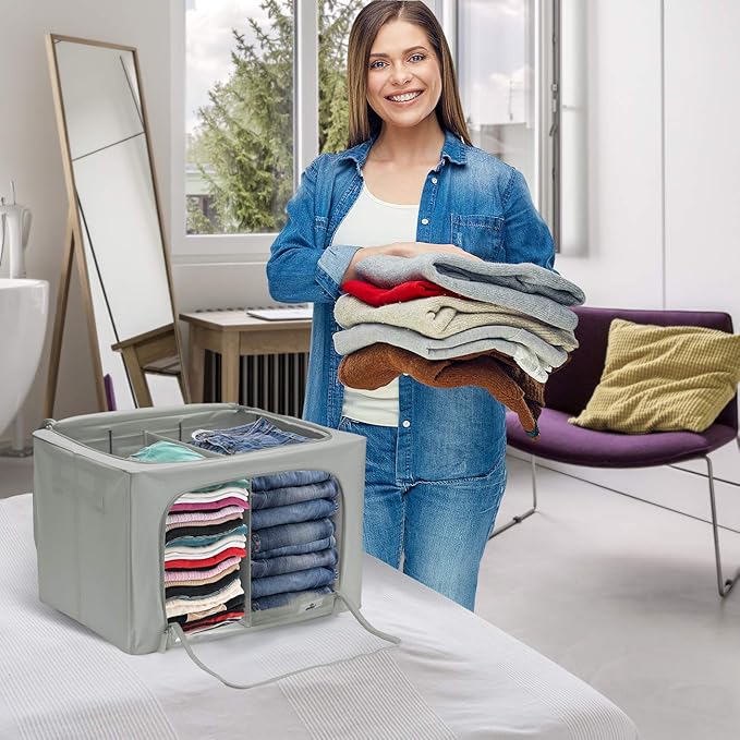 Sorbus Storage Bins with Divided Interior - Large Stackable &amp Foldable Organizer Containers with Metal Frame Oxford Fabric Large Window &amp Carry Handles - Organization for Bedroom Linens &am