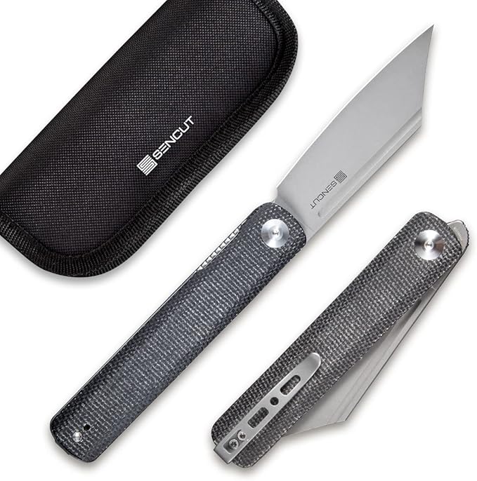 SENCUT Bronte Folding Pocket Knife with Front Flipper Opener 3.38 Inch Blade Black Micarta Handle SA08A