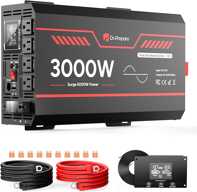 DR.PREPARE 3000W Pure Sine Wave Inverter 12V DC to 110V AC Converter w/ 6000W Peak GFCI Protection 4X AC Sockets Hardwire Port Remote Solar Power Inverters for Vehicles RVs Home Off Grid