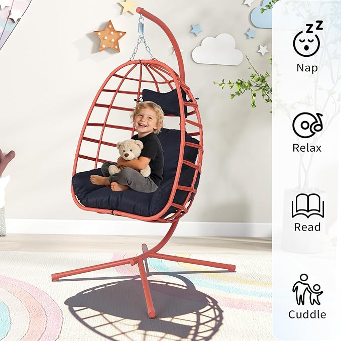 Hanging Egg Chair with Stand Outdoor Indoor Patio Rattan Swing Hammock Chairs with Washable Cushion 350lbs Capacity PE Wicker Swing Chair for Backyard Bedroom Garden (Orange + Black Cushion)