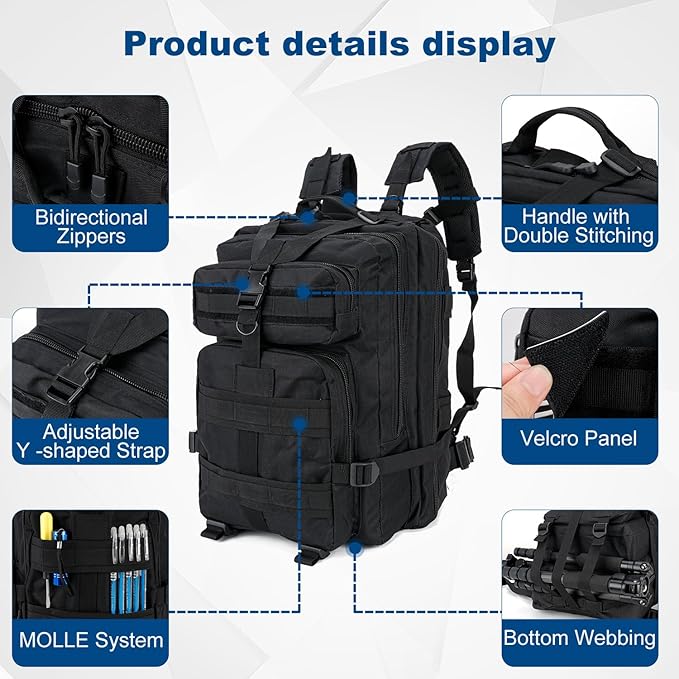 Tactical Backpack for Men 40L Military Molle Backpack Large 3 Day Assault Pack Rucking Backpack for for Hiking Camping Travel Fishing Outdoors (Black)