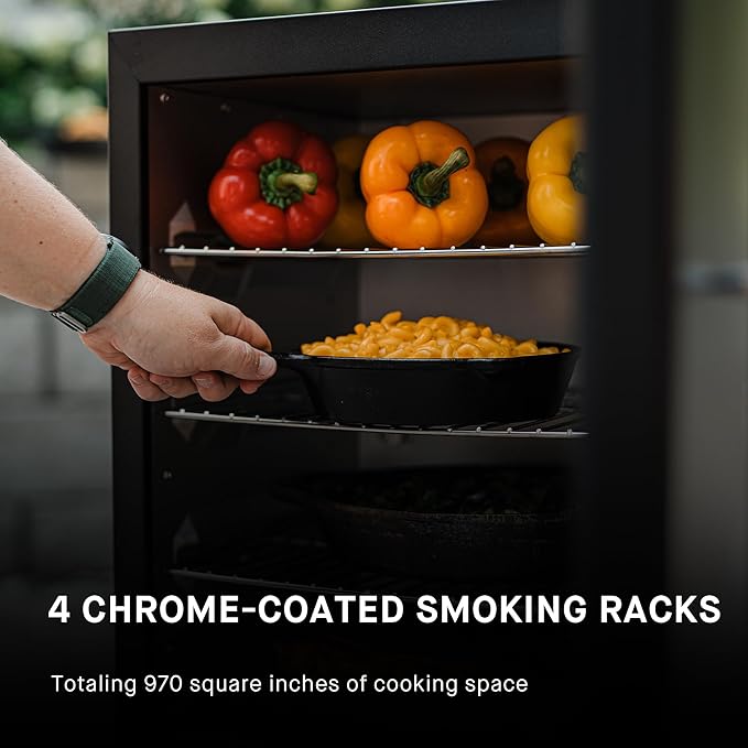 Masterbuilt® 40-inch Digital Electric Vertical BBQ Smoker with Side Wood Chip Loader Chrome Smoking Racks and 970 Cooking Square Inches in Black Model MB20072918