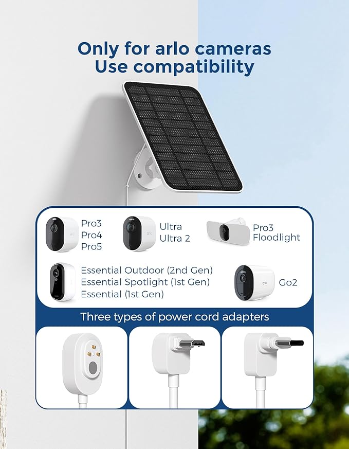 Solar Panel for Arlo Camera Arlo Solar Panel Charger with Built-in 2000mAh BatteryCompatible with Essential SeriesGo 2Pro 3/4/5S/6/6 XLUltra SeriesWireless FloodlightsEasy Install(2025 Release)