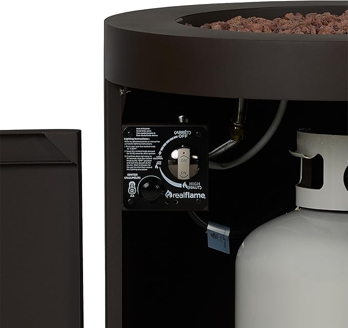 Real Flame Aegean 24 Round Propane Gas Fire Pit Table with Hidden Tank 50000 BTU Powder-Coated Steel Push-Button Ignition Lava Rock Storage Cover Stainless Steel Burner with Lid - Dark Bronze