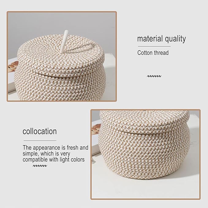 Rope Woven Basket - Round Rope Organizer Cotton Table Basket Covered Storage Bin | Stylish Decorative Utility Holder Soft Lid Container with Sturdy Shape for Napkins Sundries Snacks Makeup Towels