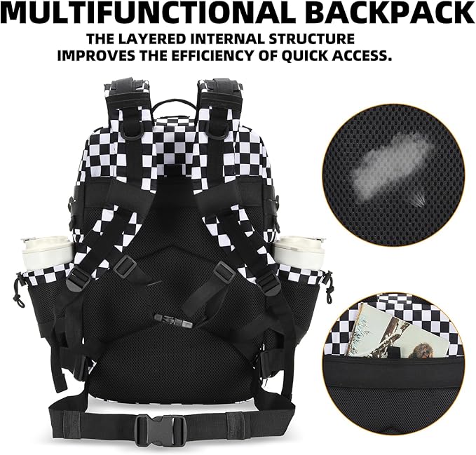 Lovelinks21 25L Tactical Military Backpack Small Travel Rucksack for Men and Women Assault Pack Bug Out Bag Molle Daypack Gym Backpack with Bottle Holder (Black White Checkered)