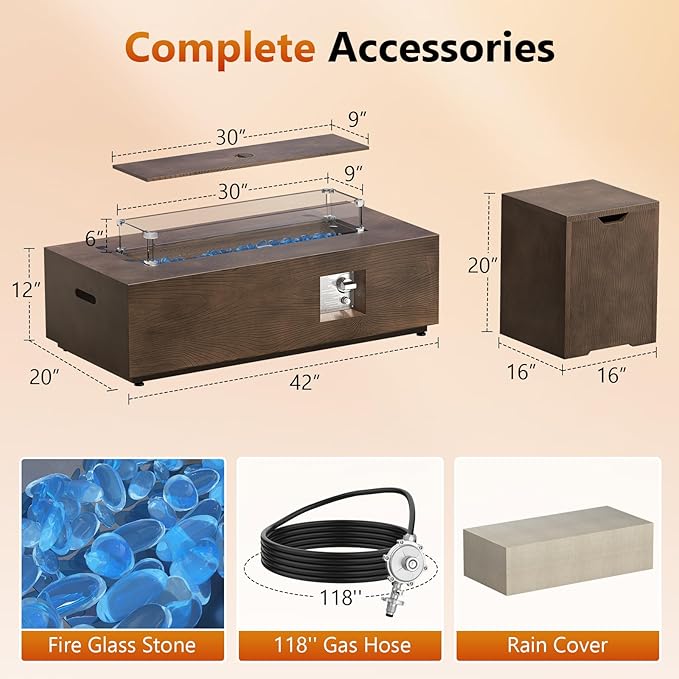2-Piece 42 Rectangular Propane Fire Pit for Outside Patio with Hidden Tank Table 50000 BTU Fireplaces with Glass Wind Guard Lid Glass Rocks Cover(Walnut Wood Grain)