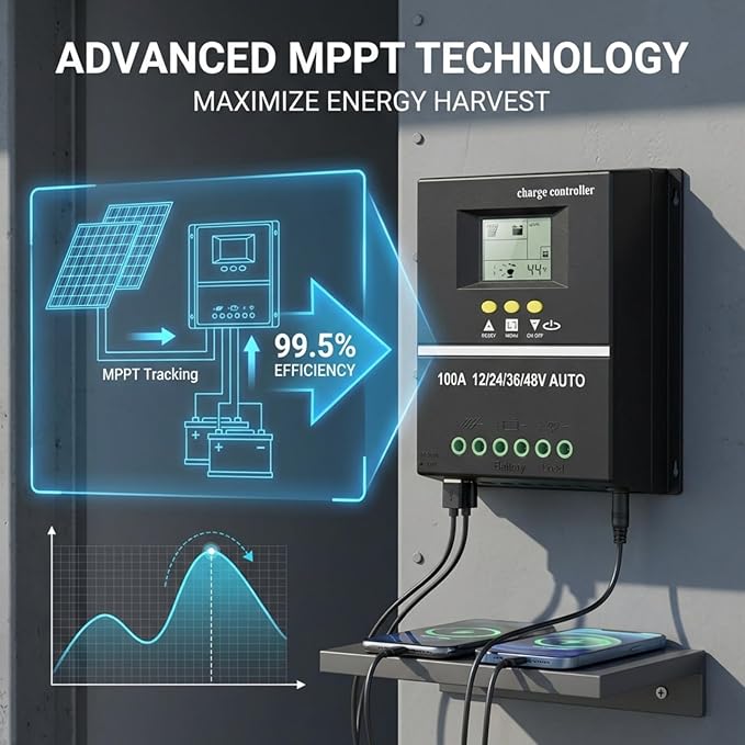 MPPT Solar Charger Controller USB Port with Backlit LCD Display Solar Panel Regulator 12V 24V 36V 48V Adaptive 100A Intelligent Solar Charger Regulator Controller