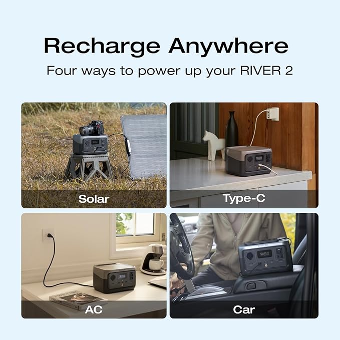 EF ECOFLOW RIVER 2 Portable Power Station 256Wh LiFePO4 Battery 1-Hour Fast Charge Up to 600W AC Outlets Solar Generator for Camping/Outdoor/Home Backup Includes Solar Charging Cable