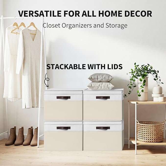 2 Pack EXTRA LARGE Blanket Storage Baskets with Lids 22”x16”x12” Closet Organizers Bins for Clothes Towel/ Toy Storage Box with Lid Handles/ Stackable Decorative Fabric Bins for Living Room Nursery