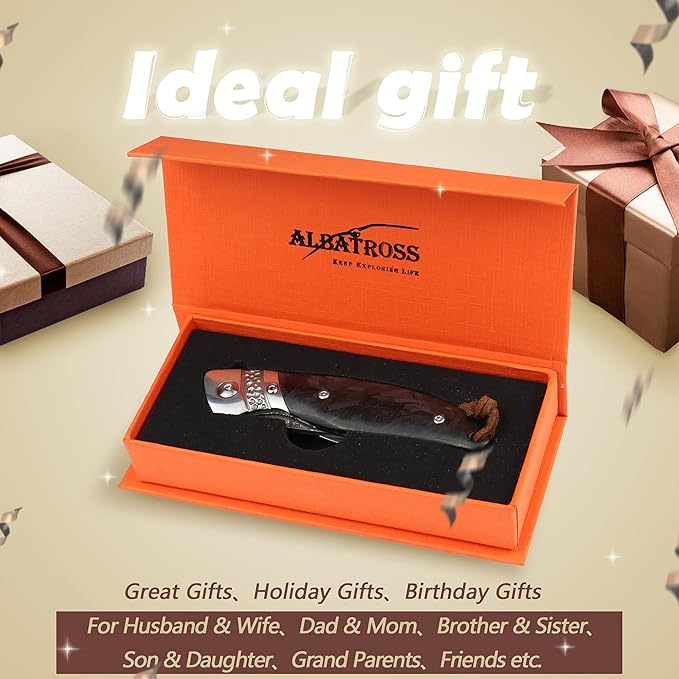 ALBATROSS Premium Damascus Folding Knife - EDC Pocket Knife with VG10 Damascus Steel Blade Quick Flip Assisted Opening Luminous Carbon Fiber Handle &amp Liner Lock - Great Gift for Outdoorsmen - HG