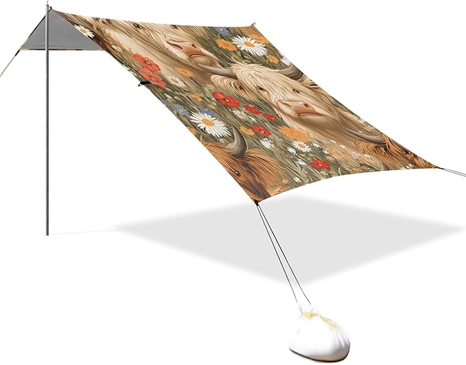 ALAZA Highland Cattle Colorful Flower Pattern Beach Tent Sun Shelter Portable Canopy Sunshade for Outdoor Camping Picnics Backyard Fun 10x9 ft