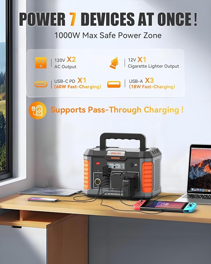 BALDR 1000W Power Station 808Wh 18.5 lbs Portable Lightweight Solar Generator with AC Outlet Multiple Ports for Camping Home Backup.