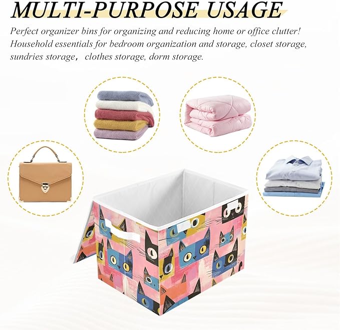Abstract Cats Storage Cube Bins Basket with Lid Collapsible Flip-top Fabric with Handle for Home Bedroom Closet Office 16.5×12.6×11.8 in