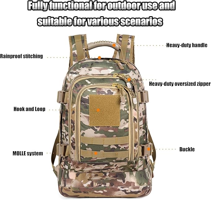 45L Tactical Military Backpack for Men Backpacks Outdoor Bag Large MOLLE Daypack for Rucking Hiking Fishing Camping(Black)