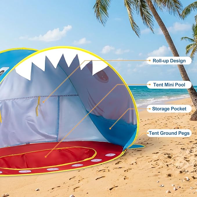 Baby Beach Tent - Shark Pop Up Beach Tent Sun Shade for Beach Portable Shade Pool UV Protection Sun Shelter for Outdoor Travel Camping