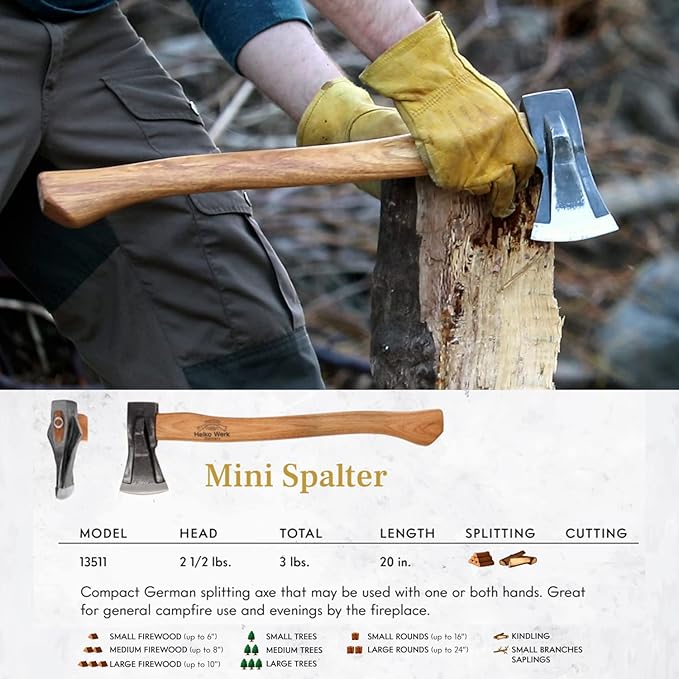 1844 Helko Werk Germany Traditional Mini Spalter - Made in Germany Compact Splitting Axe Small Wood Splitting Hatchet - Head 2-1/2 lbs Handle 20 in. (Mini Spalter) #13511