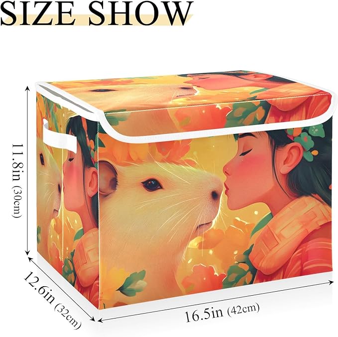 Storage Cube with Lid Capybara and Lady Print 16.5×12.6×11.8 IN Collapsible Large Capacity Foldable Storage Basket Bin Organizer