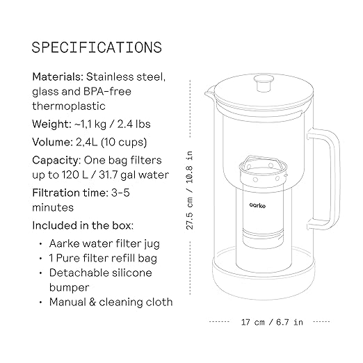 Aarke Purifier - Premium Glass and Stainless Steel Water Filter Pitcher Refillable Filter System and Granules 2.4L Pitcher with 1.18L Filtration Capacity