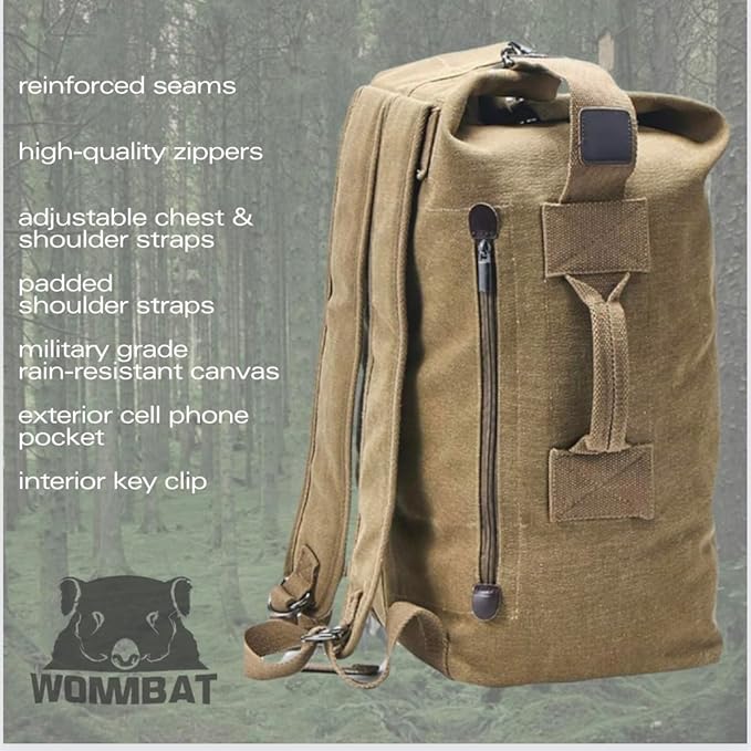 WOMBAT Canvas Top Loading Backpack | Large Capacity | Rugged | Rucksack | Travel | Duffle | Daypack | Duffel | Hiking | Camping | Military Tactical | Laundry