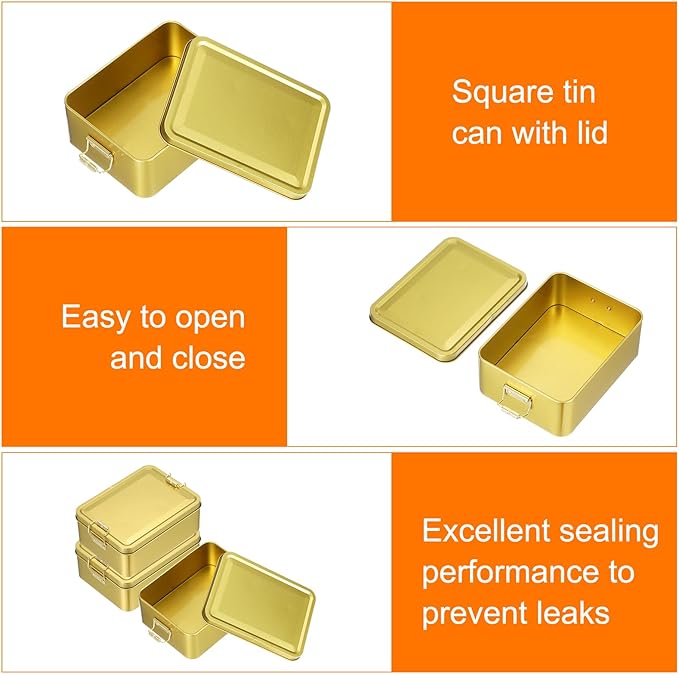 uxcell 2Pcs Metal Tinplate Box with Lids 5.7x4.3x2.2 Empty Rectangular Tin Box Container with Clasp for Home Office Travel Organizer Gifts Cookies Pencil Case Storage Champagne Gold