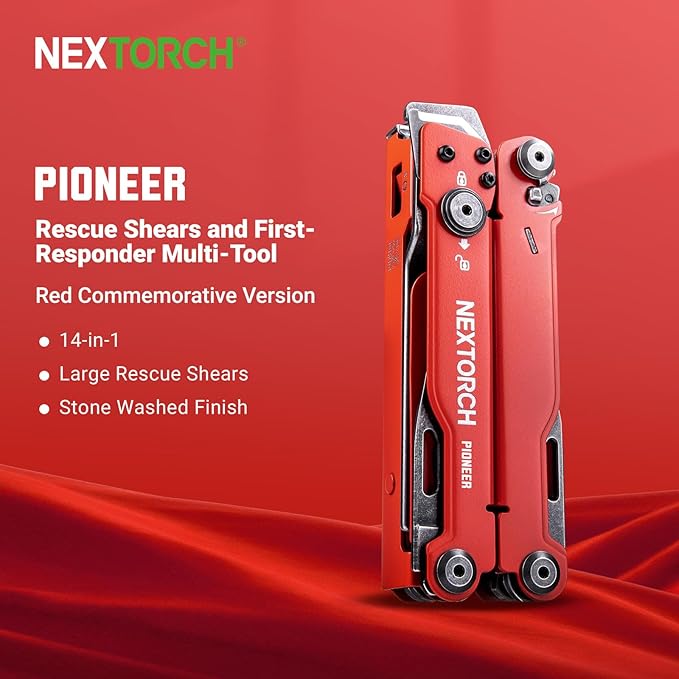 NEXTORCH PIONEER MT20 14-IN-1 Multi-tools Full-SizeVersatile Multi-tool Set with Scissors Needle Nose Pliers Pocket Clip Multi-tool (RED with Glass Breaker)