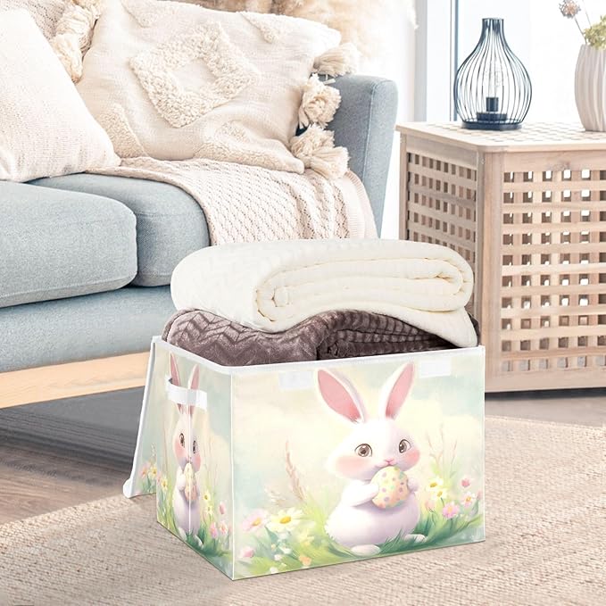 Christmas Storage Baskets with Lids Cute Rabbit Easter Collapsible Bins Stackable Fabric Linen Baskets Closet Organizer Container 16.5x12.6x11.8
