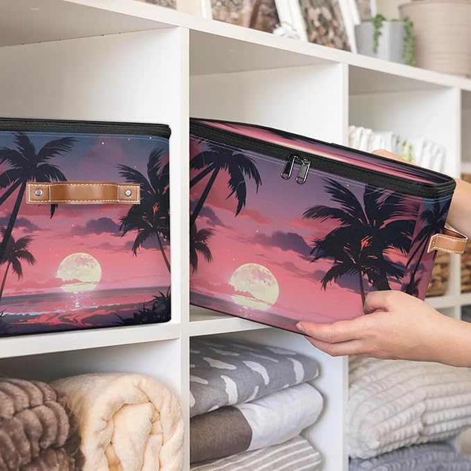Storage Bins with Lids Palm Tree Beach Storage Basket Clothes Organizer with Handles Closet Storage Containers for Clothing Bedding Blanket