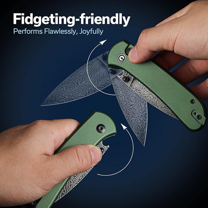 CIVIVI Pocket Folding Knife- Button Lock Knife with Thumb Stud Opener for EDC 2.98 Damascus Blade Aluminum Handle Qubit Utility Knife for Men Women Gift C20030E-DS1