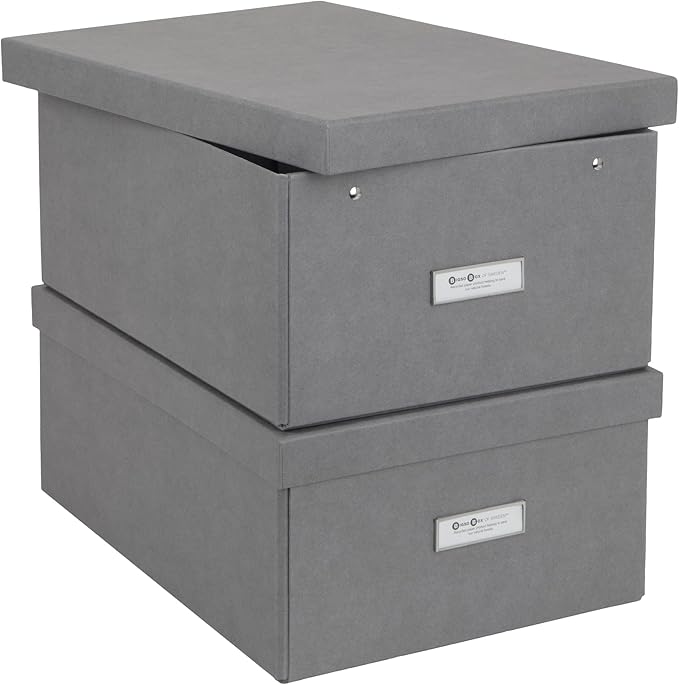 Bigso Box of Sweden Katia Collapsible Storage Box with Labelframe for Identification - Simple Assembly without Tools - Decorative Storage Boxes with Lids - 11.3in x 15.4in x 6.4in - 2 Pack - Grey