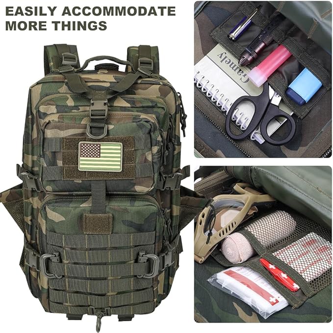 Hannibal Tactical 45L MOLLE Assault Backpack Tactical Backpack Military Army Camping Rucksack with Bottle Holder 3-Day Pack Trip w/USA Flag Patch D-Rings US Woodland
