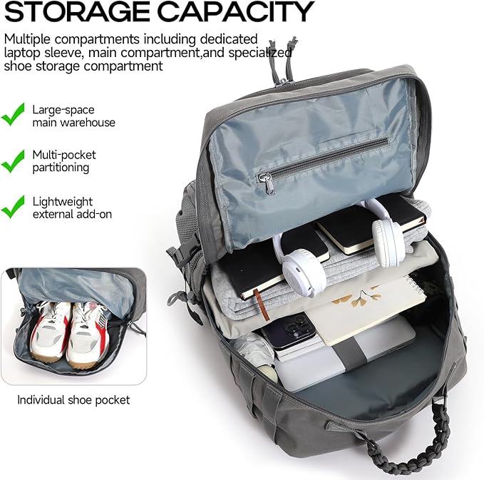 Tactical Military Backpack Large Capacity Molle System Multi-Compartment Design with Shoe Storage Black (grey)