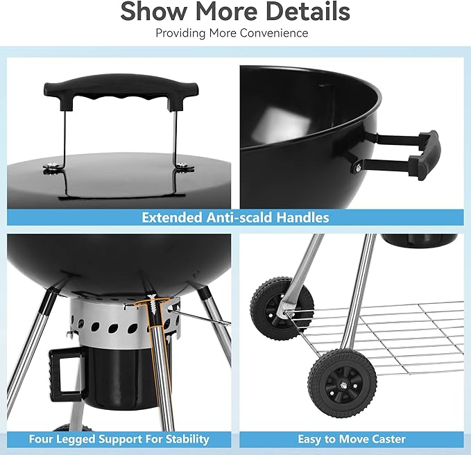 GREEN PARTY 22 inch Kettle Charcoal BBQ Grill with Wheels Portable Charcoal Grill with Porcelain-Enameled Lid &amp Ash Catcher for Outdoor Cooking Barbecue Camping Picnics Tailgating Black