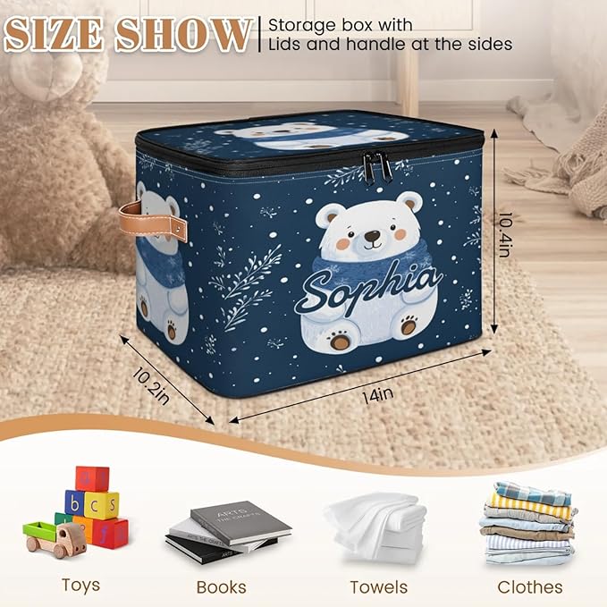 Custom Storage Basket with Name Personalized Storage Bins with Zipper Lid Foldable Fabric Storage Box Large capacity with Handle Snowflake White Bear