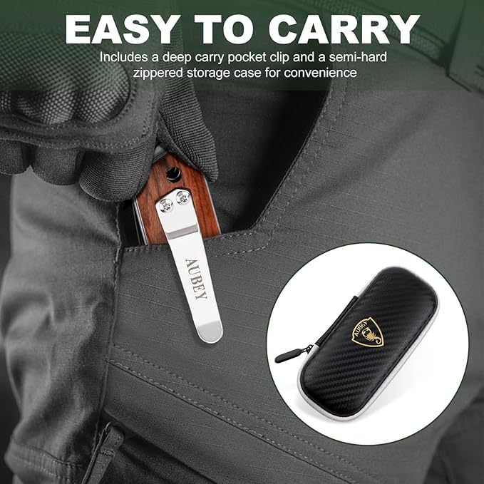 AUBEY Damascus Pocket Knife for Men Sharp Tanto Blade with VG10 Core Folding Knives with Wooden Handle and Glass Breaker for EDC Camping Gift Collection