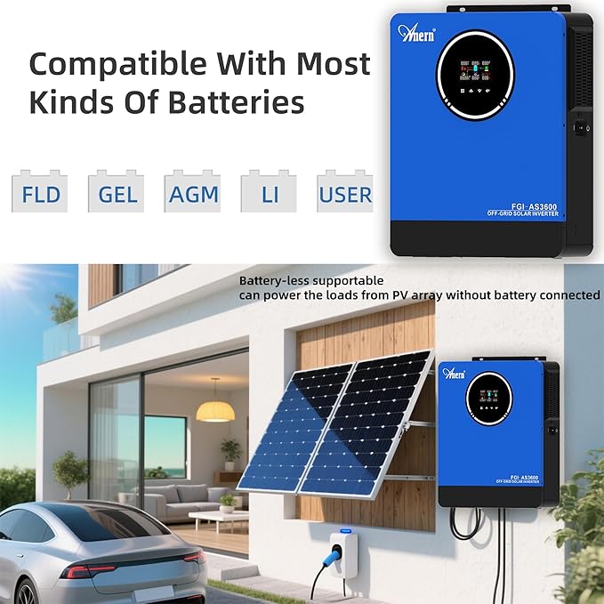 3600W Solar Inverter All in One 24VDC to 110VAC Pure Sine Wave PV Power Converter Built-in 120A MPPT Controller Dual AC Outputs 4200W Max PV Input Support Battery-Less