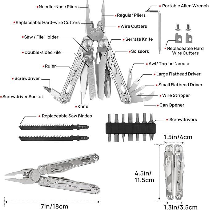 BIBURY Multitool Pliers Pro BI2045 Stainless Steel Multi Tool Pliers with Replaceable Wire Cutters and Saw Foldable Multitools with Scissors and Screwdriver Ideal for CampingSurvival Repair