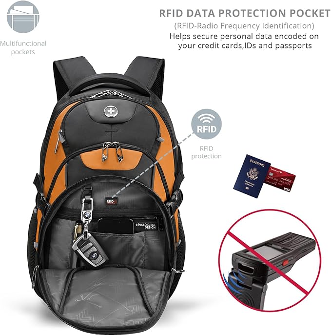 Swissdigital Design Laptop Backpack with USB Charging Port Travel Backpack Fits 15.6 inches Computer 31L College School Backpack for Men Orange/Black | SD803-66