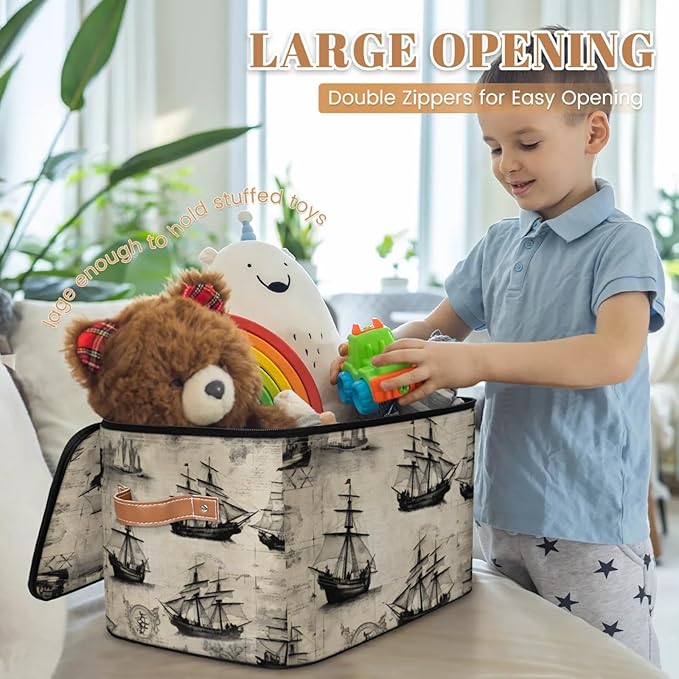 Storage Bins with Lids Retro Ship Storage Basket Clothes Organizer with Handles Closet Storage Containers for Clothing Bedding Blanket