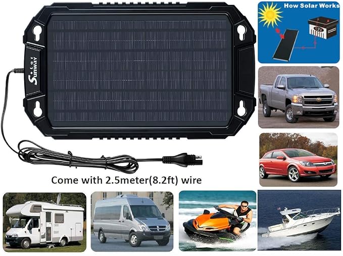Sunway Solar Car Battery Trickle Charger &amp Maintainer 12Volt 8W Solar Panel Power Charger kit Portable Waterproof for Automotive RV Marine Boat Truck Motorcycle Trailer Tractor Powersports Snowmob