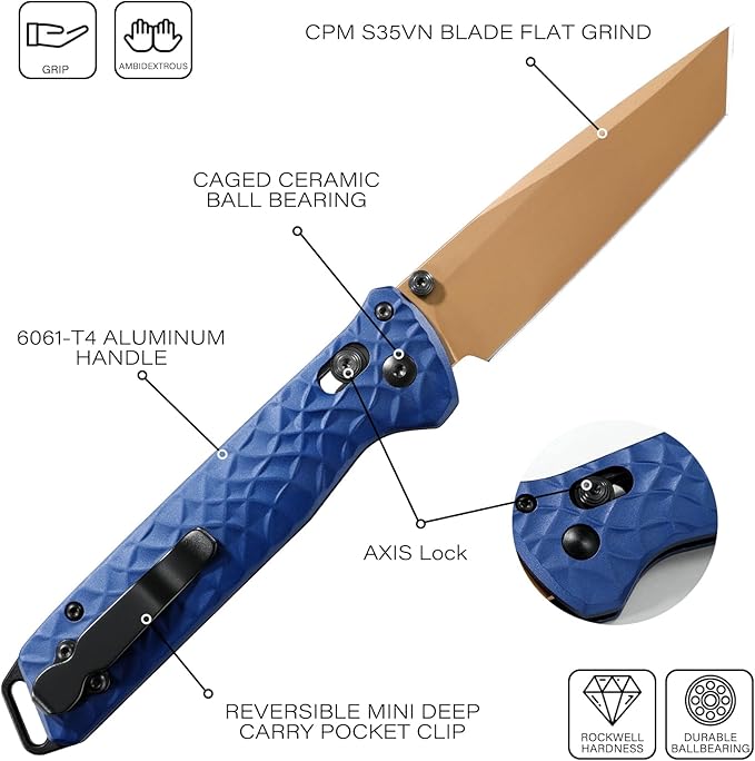 RBLACK 3.3 Tanto EDC Tactical Folding Knife with CPM S35VN Steel &amp Aluminum Handle Featuring Robust Axis Lock Reversible Clip for Everyday Carry - Ideal Gift for Men and Women Royal Blue