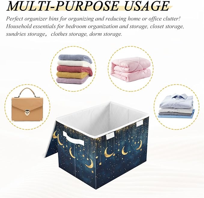 AIXIWAWA Storage Cube with Lid (Golden Moon and Stars) Fabric Foldable Closet Bins with Flip Lid and Handles Organizer Basket Container 16.5 x 12.6 x 11.8 IN