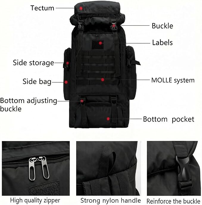80L Camping Hiking BackpackMolle Military Tactical Rucksack BackpackWaterproof Lightweight Hiking Backpack for Outdoor (Black 80L)