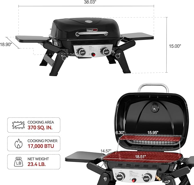Royal Gourmet GT2005 2 Burner Portable Propane Gas Grill with Foldable Side Tables &amp Foldable Support Legs Tabletop Gas Grill with Warming Rack for Outdoor Cooking &amp Grilling Black