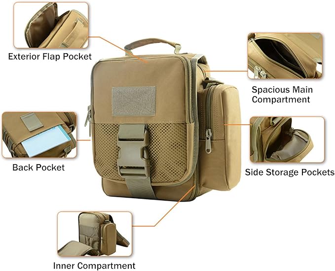 Tactical Messenger Bag Small - Men Military MOLLE Crossbody Pack EDC Belt Pouch with Phone Zippered Pocket(Patch Included) (Black)