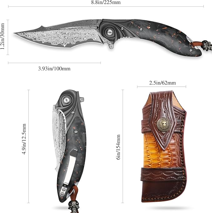 handmade Folding Pocket KnifeJapanese Damascus steel 3.9in blade Men's folding knifewith Pocket Clip Leather Sheathliner lock Carbon Fiber Handlefit EDC Outdoor camping Survivalgift