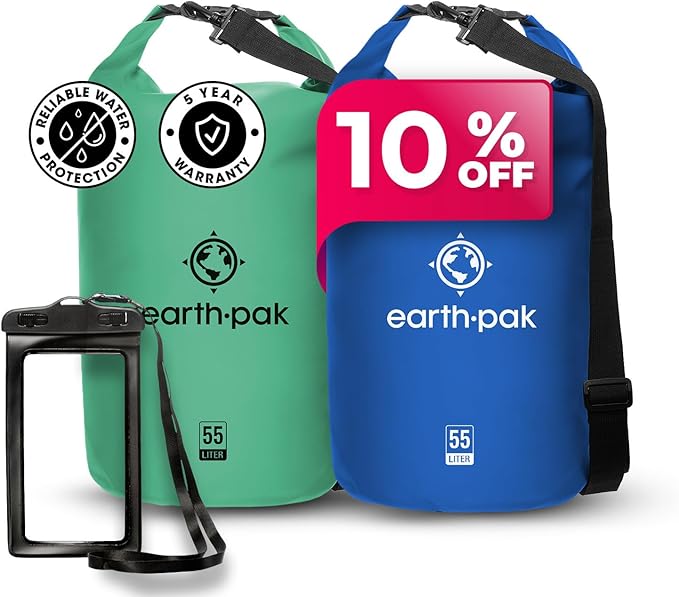 Earth Pak Waterproof Dry Bag - Roll Top Waterproof Backpack Sack (Seafoam Green 55L &amp Blue 55L)